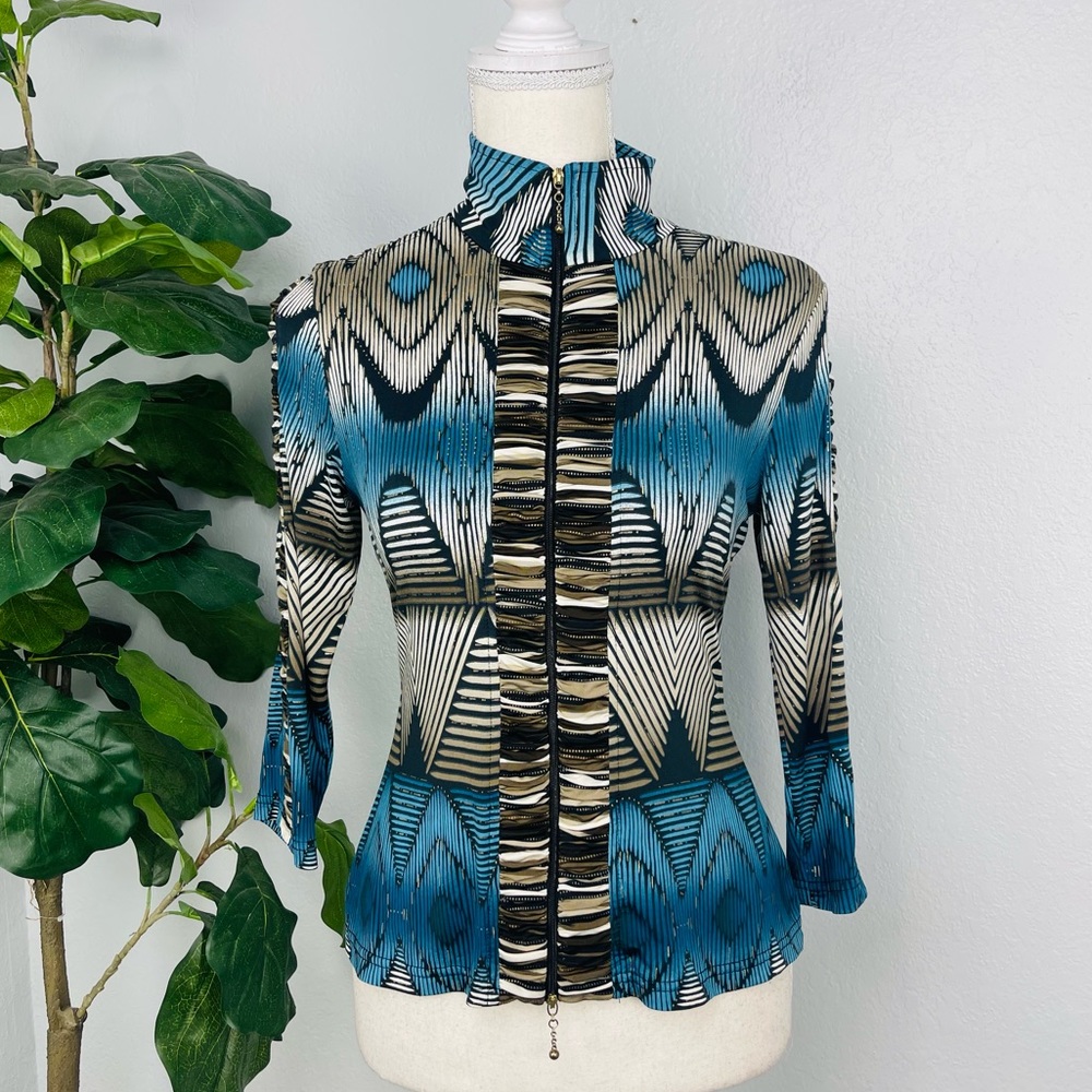 Joseph Ribkoff Vintage Diamond Chevron Print Blue Zip up Top